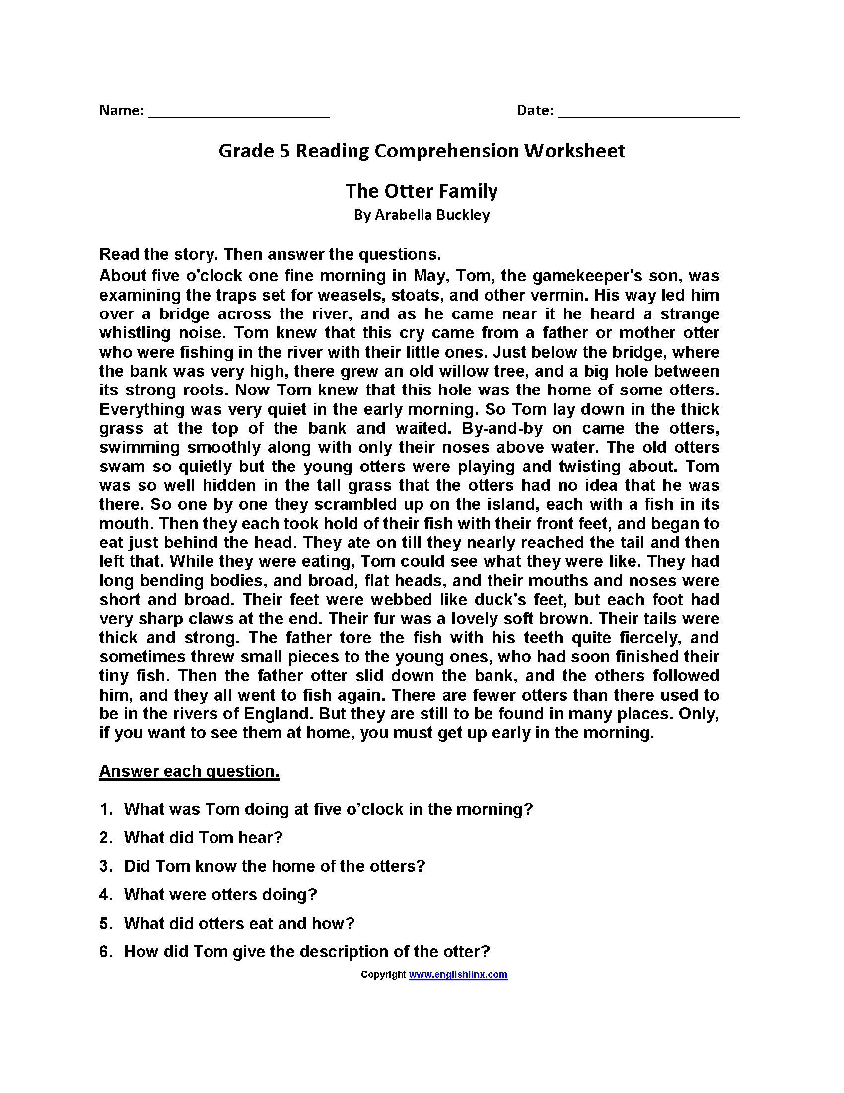 Fifth Grade Reading Worksheets Improve Fluency Vocabulary 5 Printable Reading Comprehension English Worksheets Ages 4 7 KG1 Worksheets Library