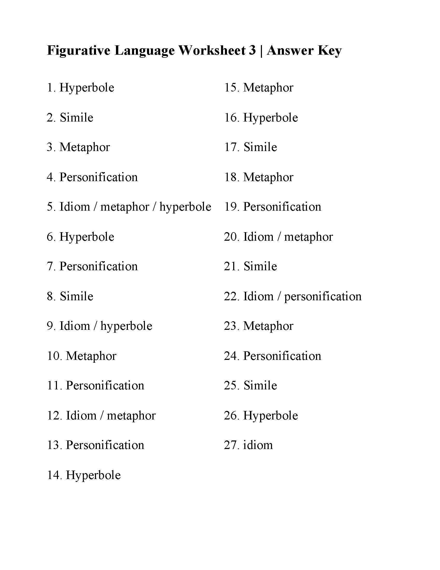 Figurative Language Worksheet 3 Reading Activity Figurative Language Worksheet 3 Reading Activity