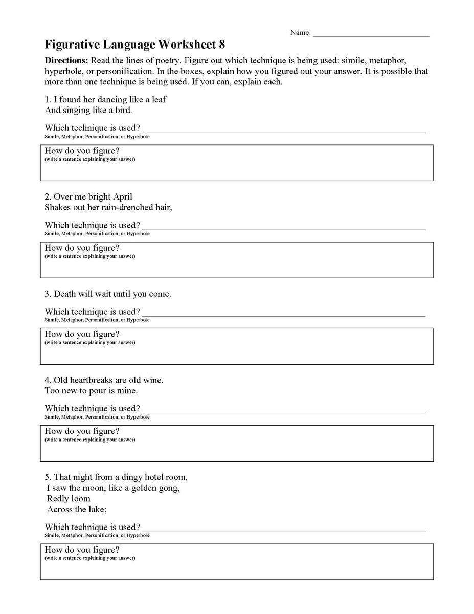 Figurative Language Worksheet 8 Reading Activity Free Printable Figurative Language Tests And Worksheets