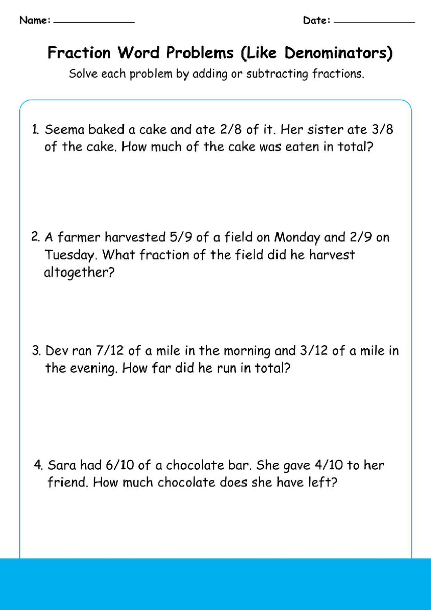 Worksheet On Word Problems On Fractions Fraction Word Problems Ans