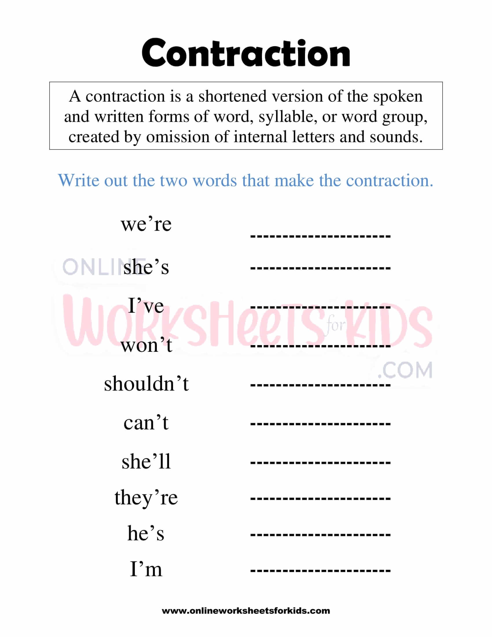 Free Contraction Worksheets 1st Grade Kids Worksheets Library Free Contraction Worksheets 1st Grade Kids Worksheets Library