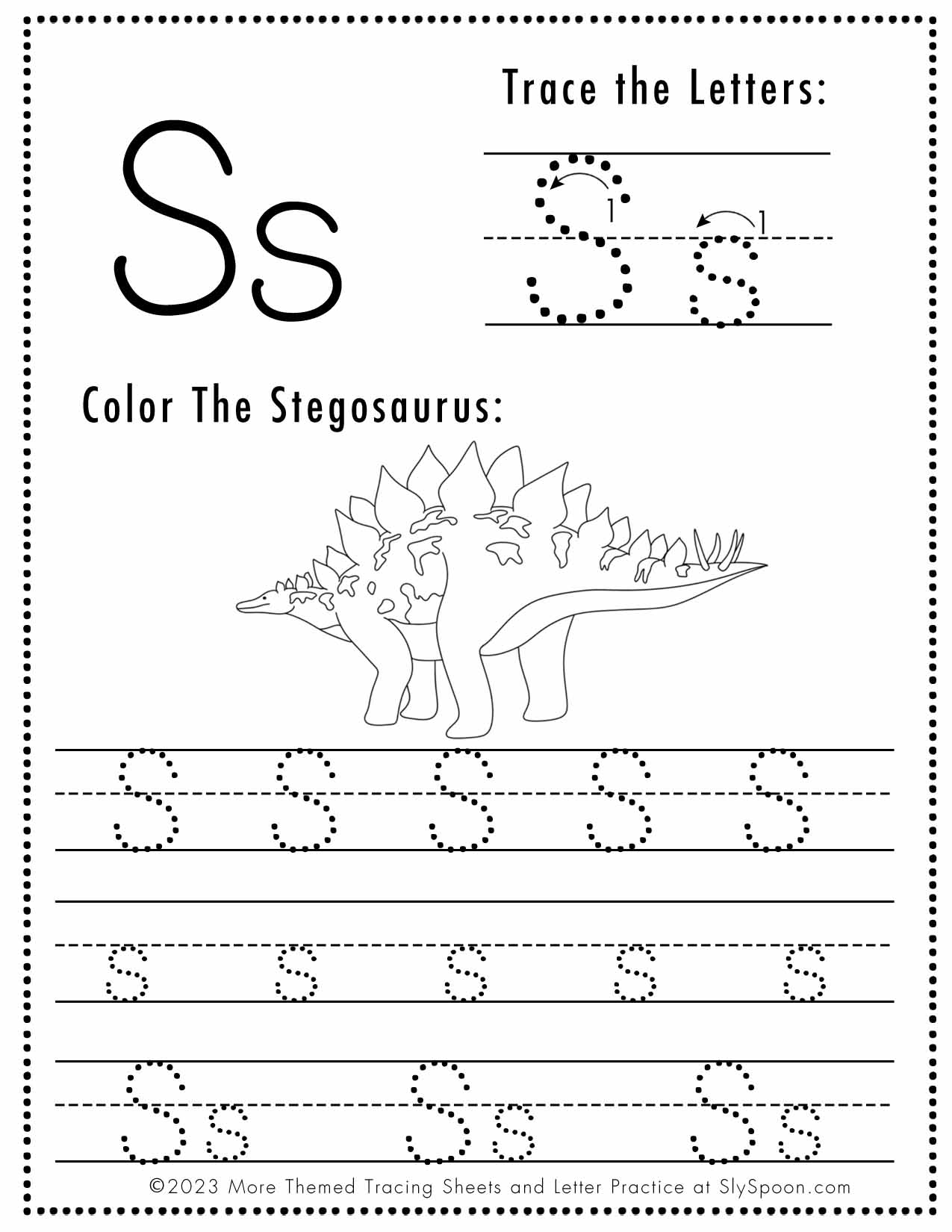 Free Letter S Tracing Worksheet Printable Dinosaur Themed Sly Spoon Letter S Alphabet Tracing And Coloring Free Printable PDF Ezpzphonics
