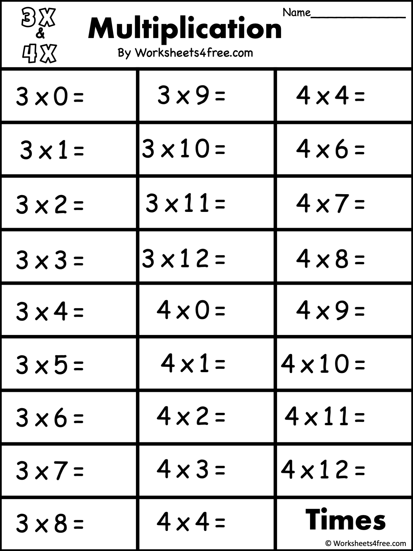 Free Multiplication Worksheet 3s 4s Worksheets4Free Free Multiplication Worksheet 3s 4s Worksheets4Free