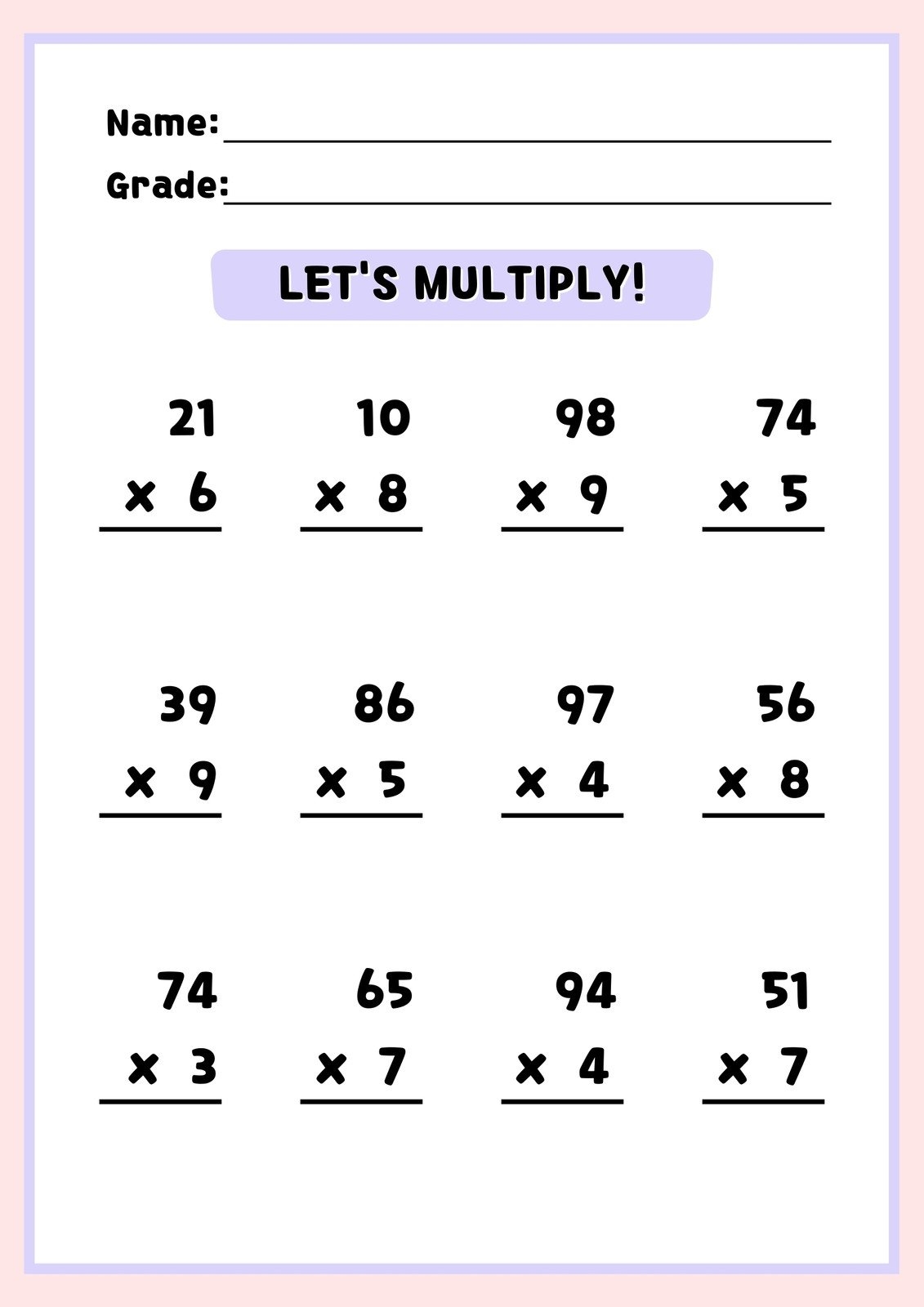 Free Multiplication Worksheet To Use And Print Canva Multiplication Facts Fluency Practice Basic Math Worksheets For Grade 1 2 3 Made By Teachers