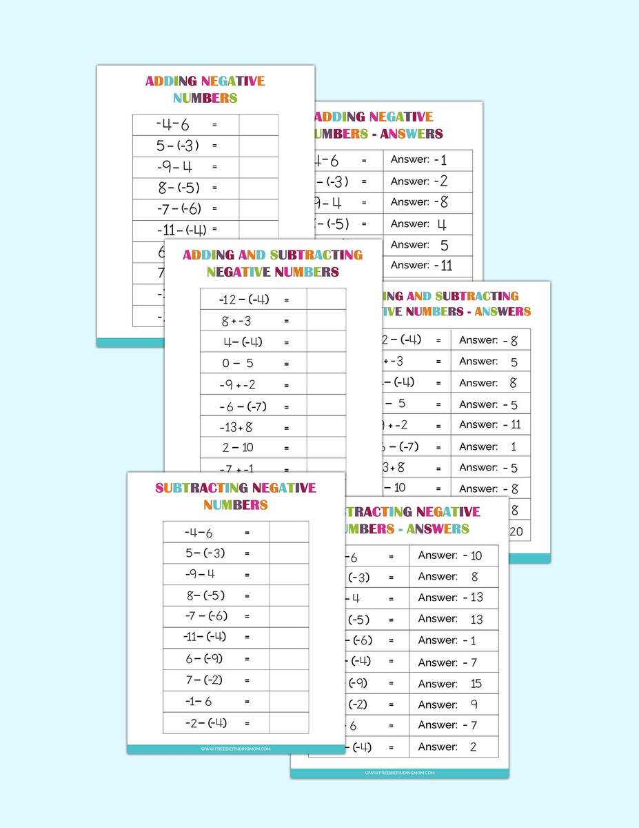 Free Printable Adding And Subtracting Negative Numbers Worksheets