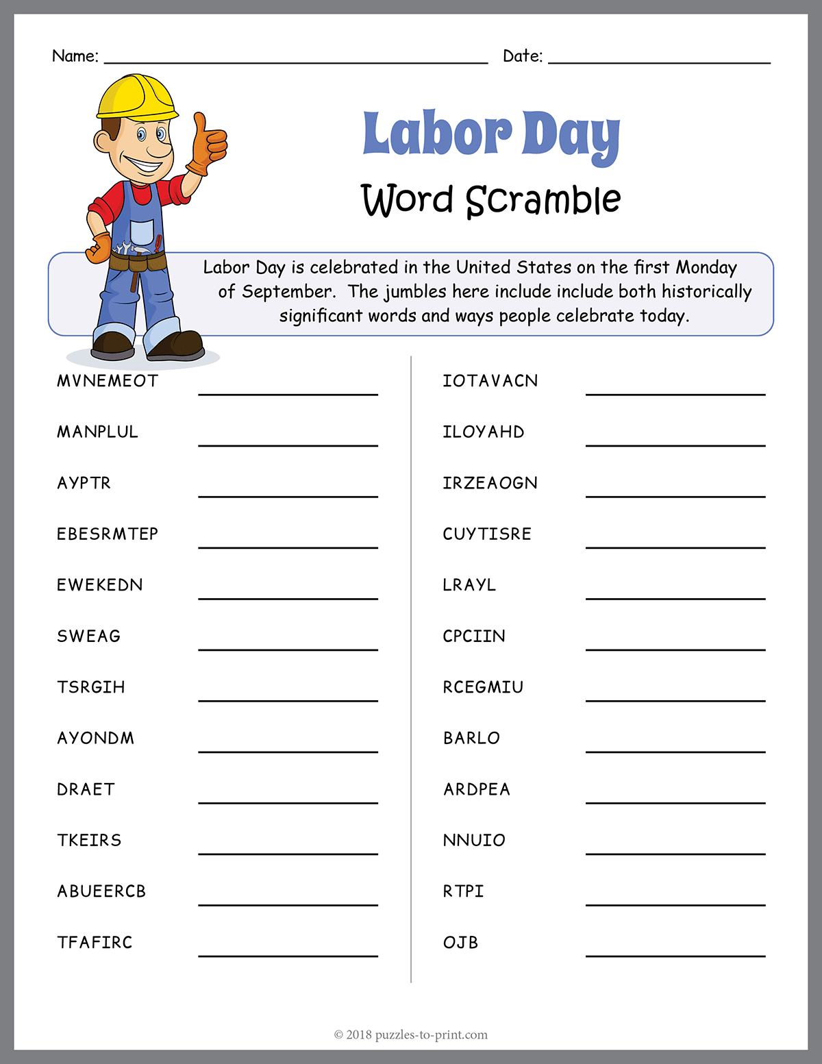 Free Printable Labor Day Word Scramble Free Printable Labor Day Word Scramble