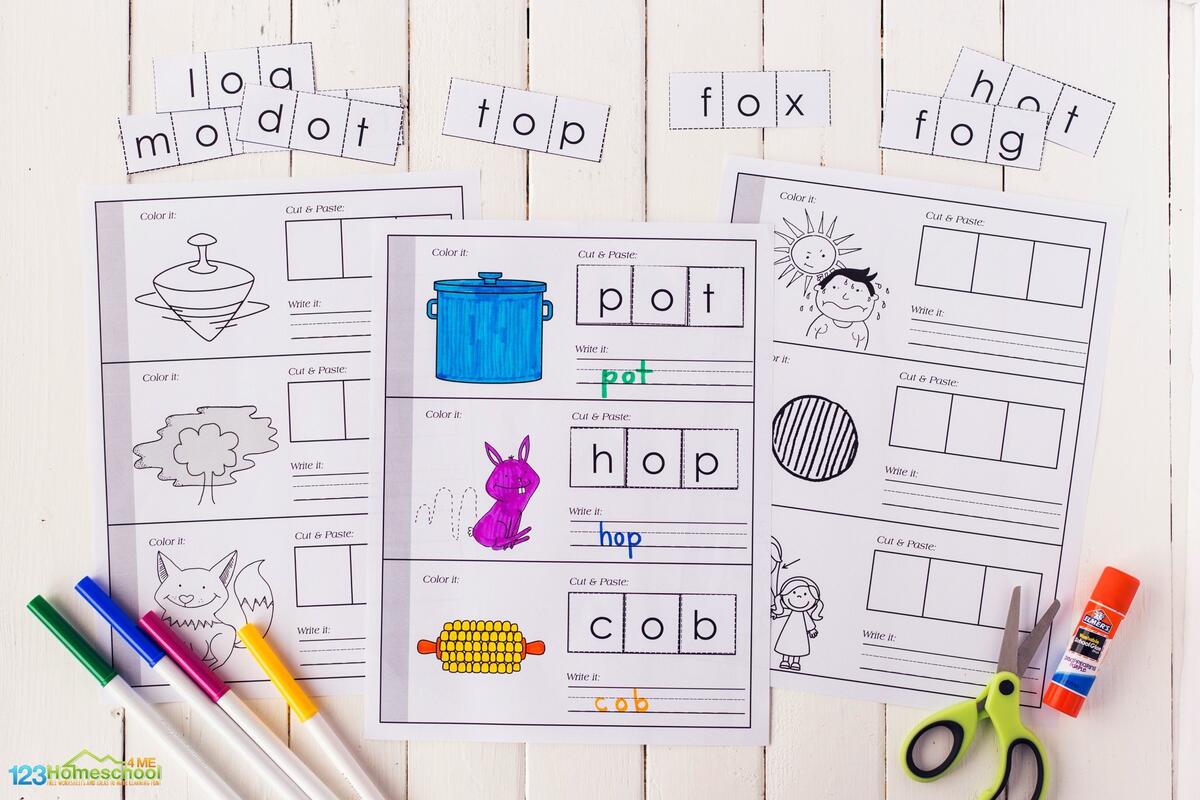 FREE Printable Short O CVC Words Cut And Paste Worksheets Short Vowel O Mini Coloring Book CVC Words 1 Ezpzphonics
