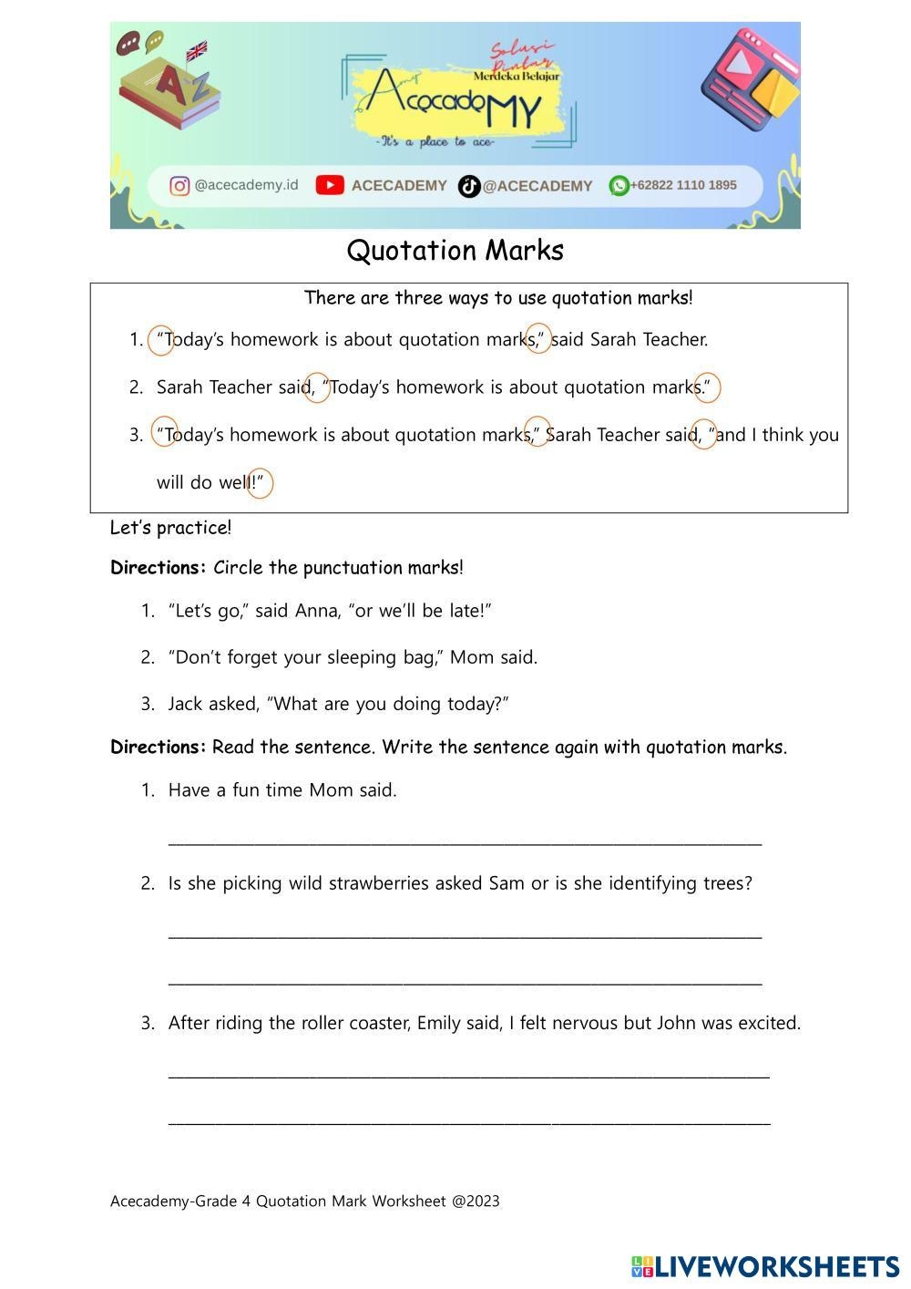 Grade 4 Quotation Mark Worksheet Worksheets Library