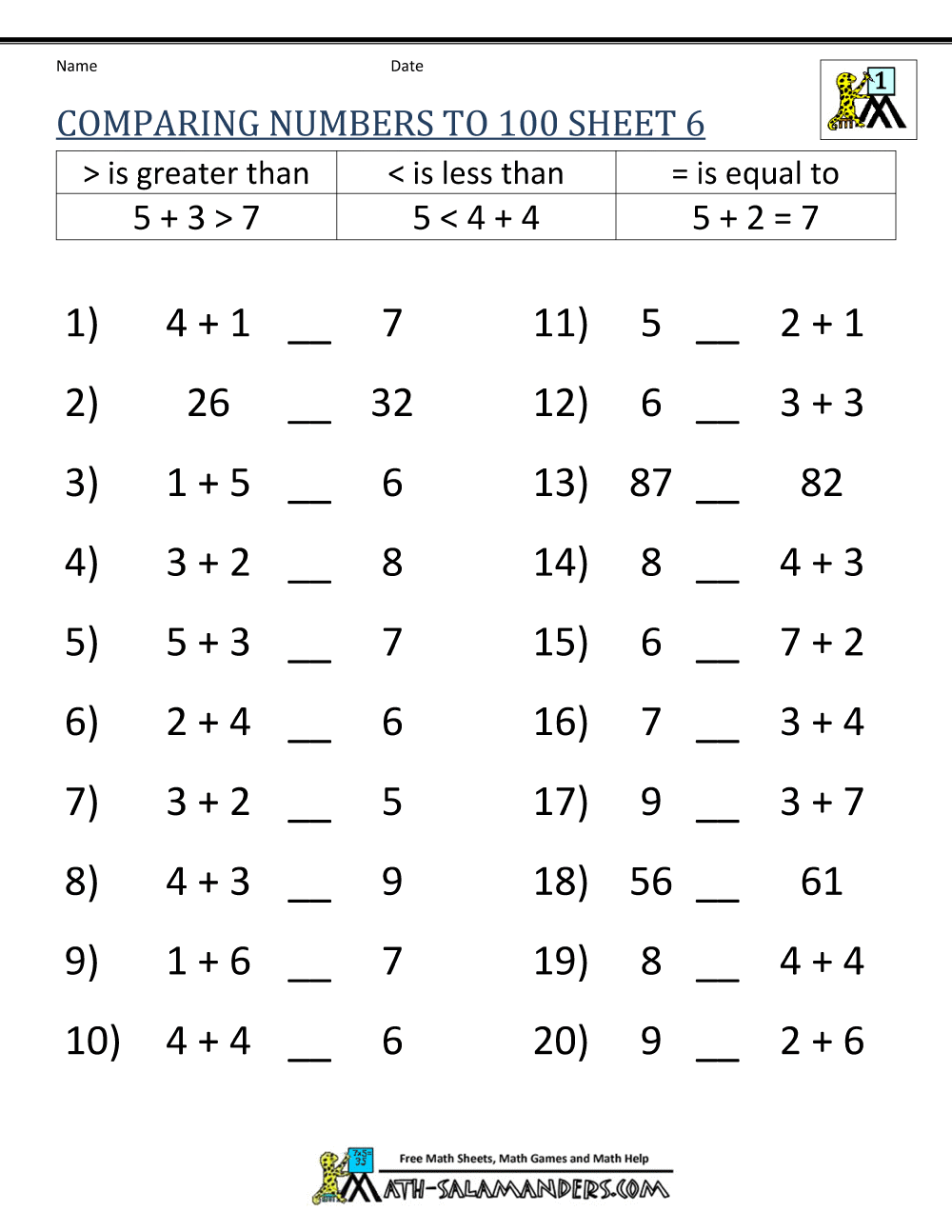 Greater Than Less Than Worksheet Comparing Numbers To 100 Free Math Worksheets Auto Generated With Answers