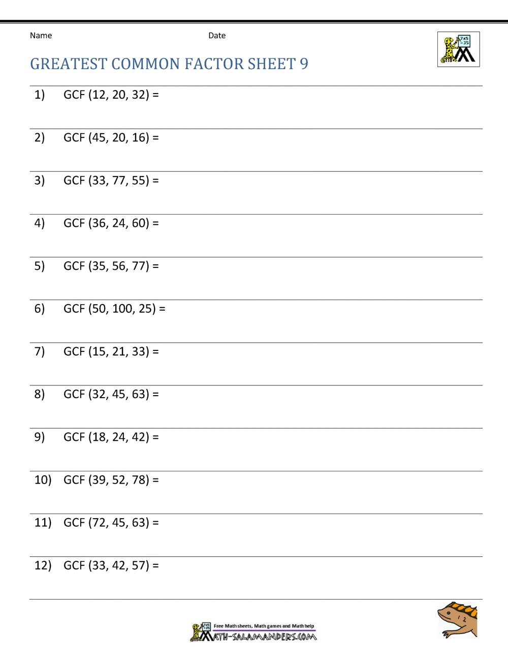 Greatest Common Factor Worksheet Page