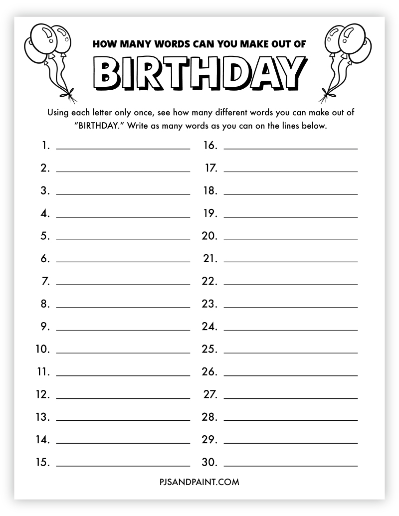How Many Words Can You Make Out Of Birthday Free Printable Game Pjs And Paint Free Printable How Many Words Can You Make Out Of Leprechaun Game