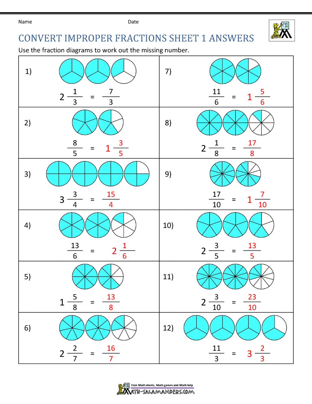 Improper Fraction Worksheets