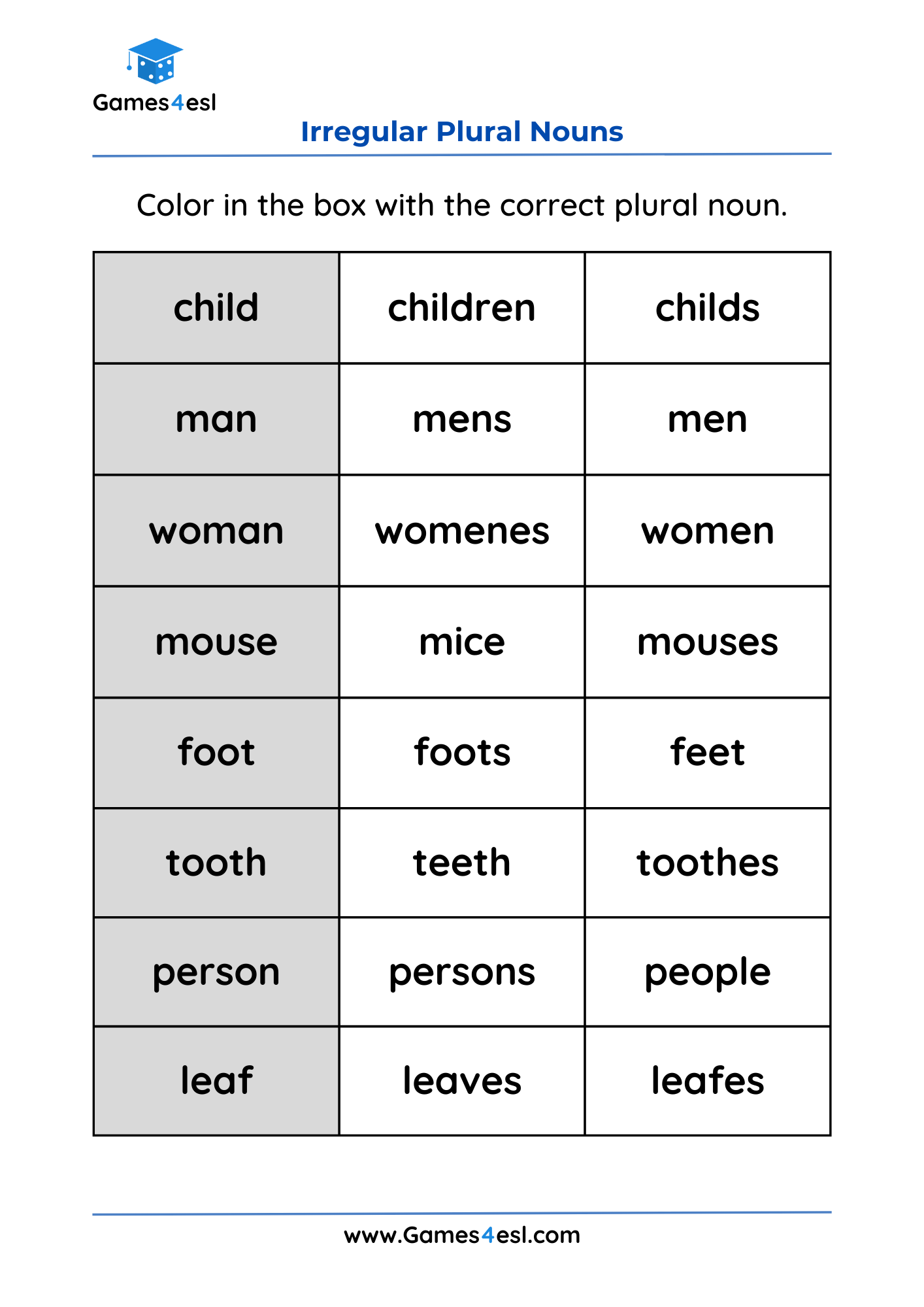 Irregular Plural Noun Worksheets Games4esl Irregular Plural Noun Worksheets Superstar Worksheets
