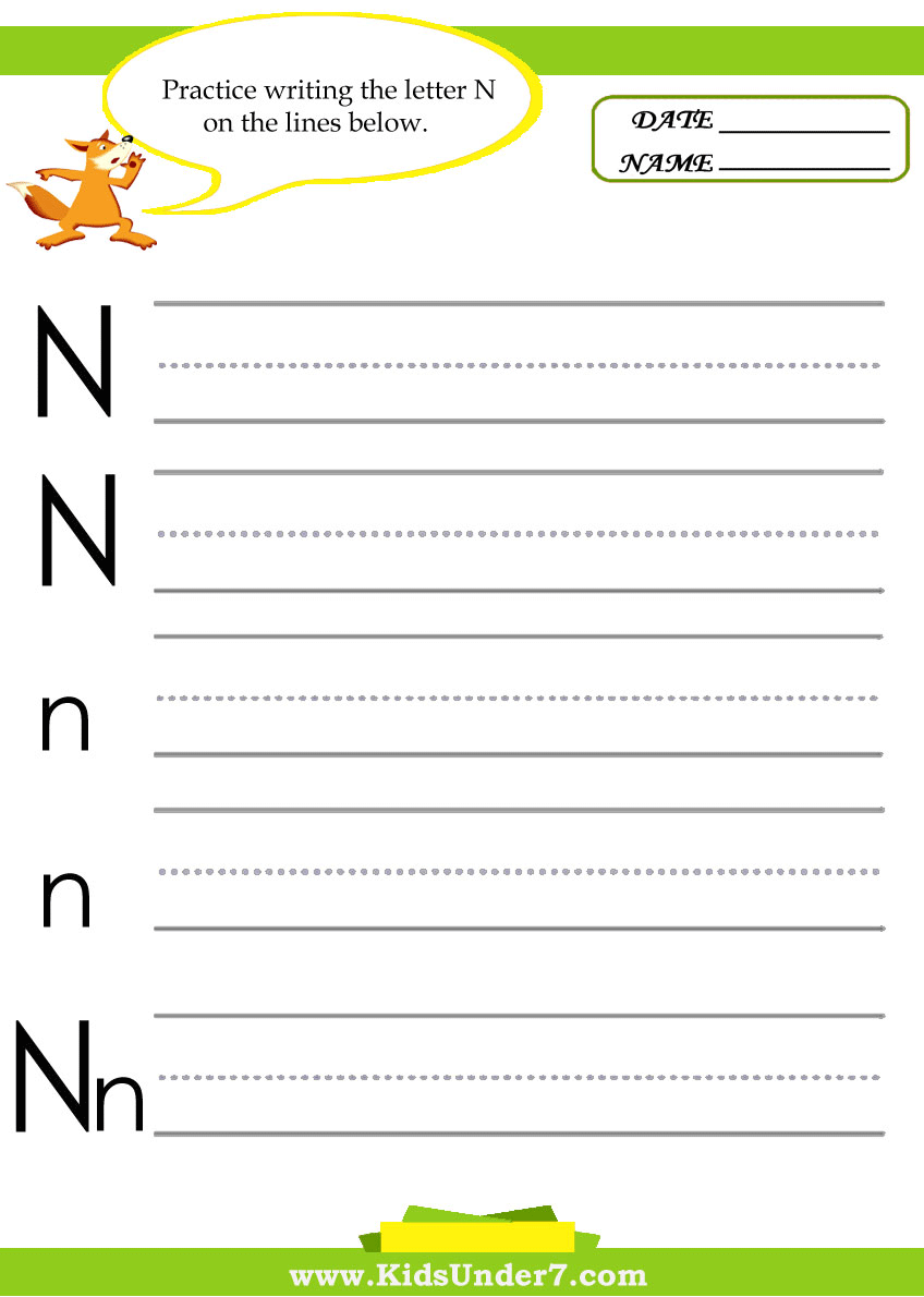 Kids Under 7 Letter N Practice Writing Worksheet