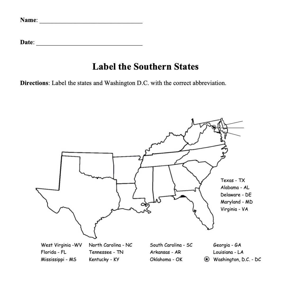 Label Southern States US Geography Worksheet Made By Teachers Label Southern States US Geography Worksheet Made By Teachers