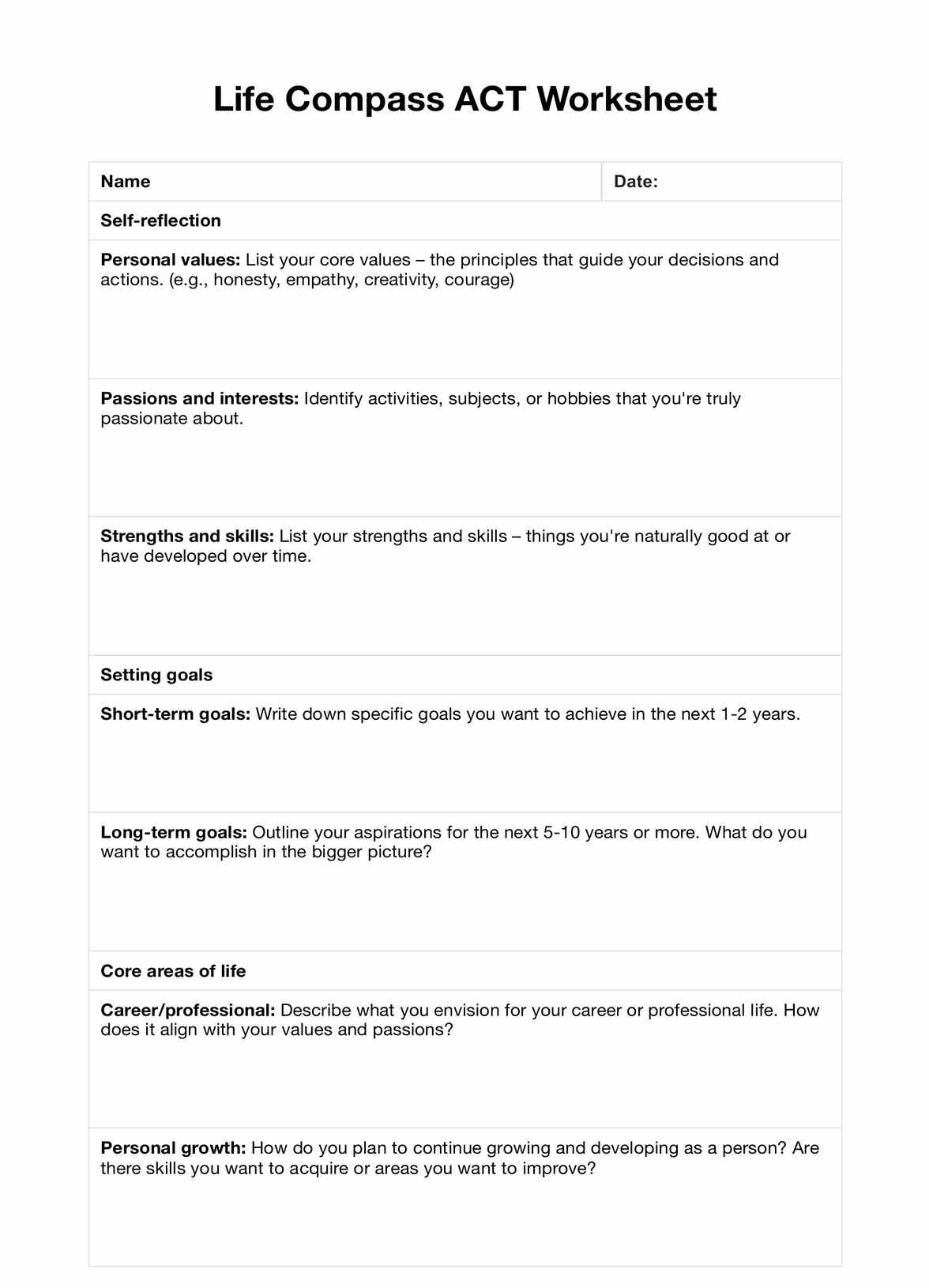 Life Compass ACT Worksheet Life Compass ACT Worksheet