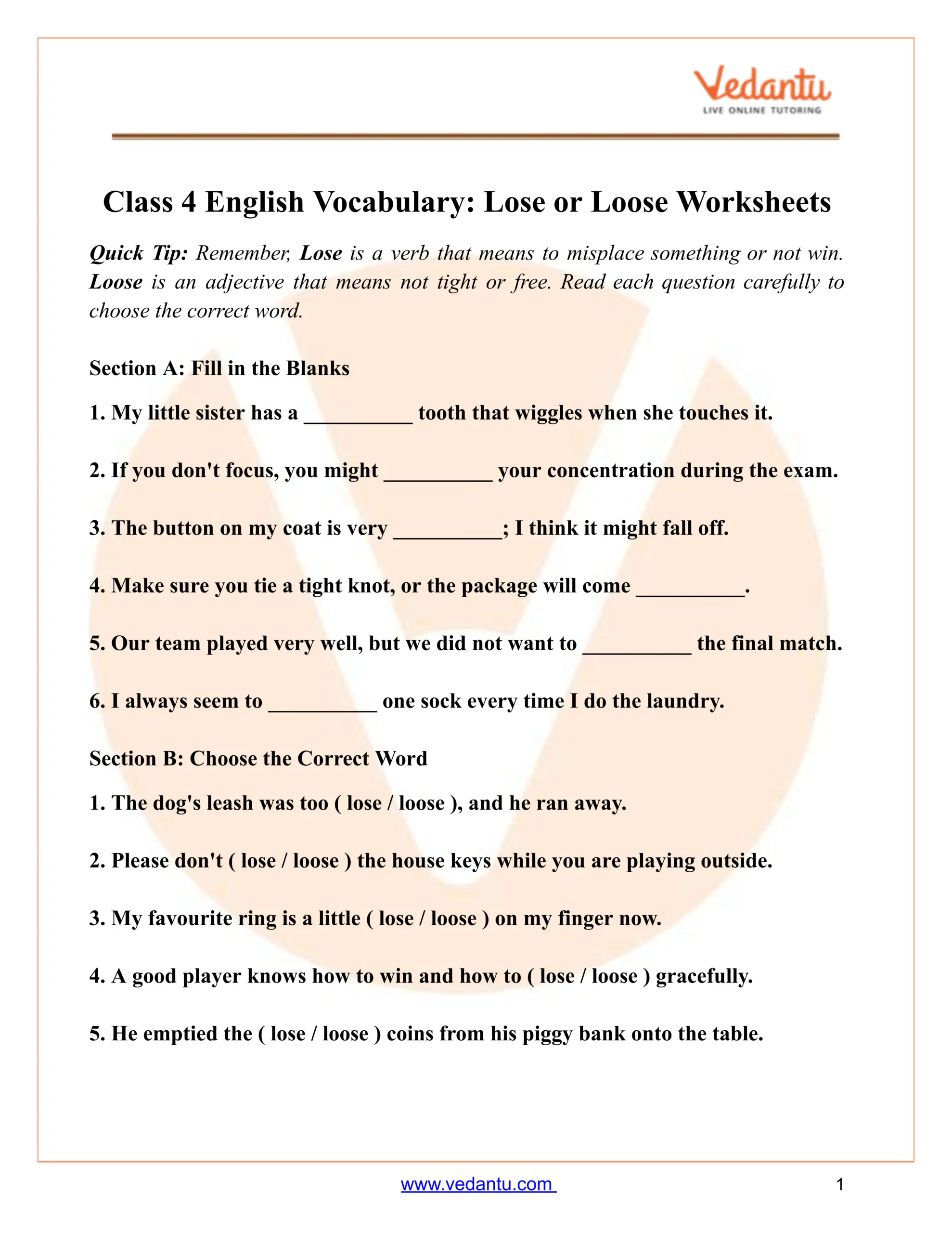 Lose Or Loose Worksheet For Class 4 Vocabulary Practice