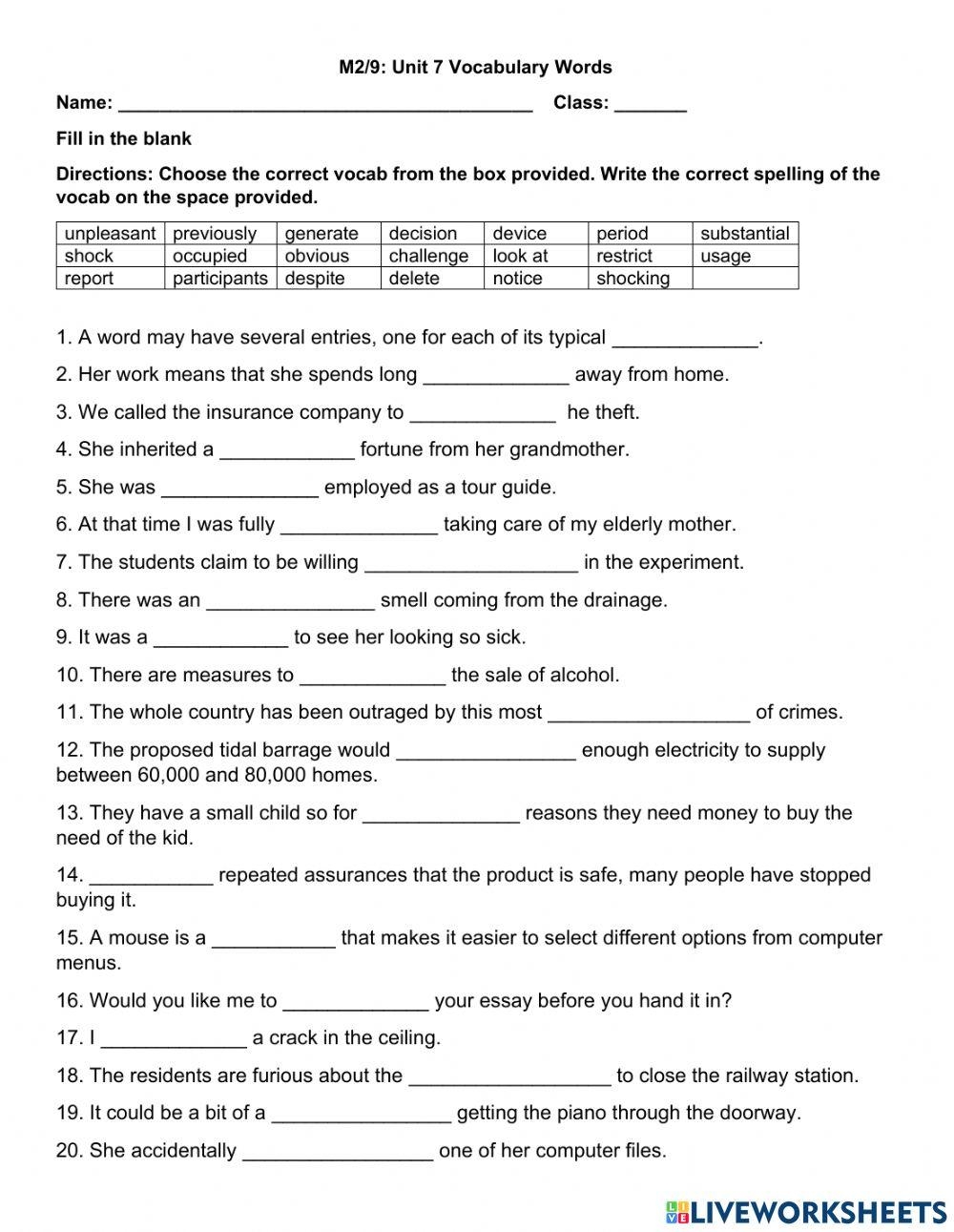 M2 Unit 7 Vocabulary Words Worksheet Worksheets Library