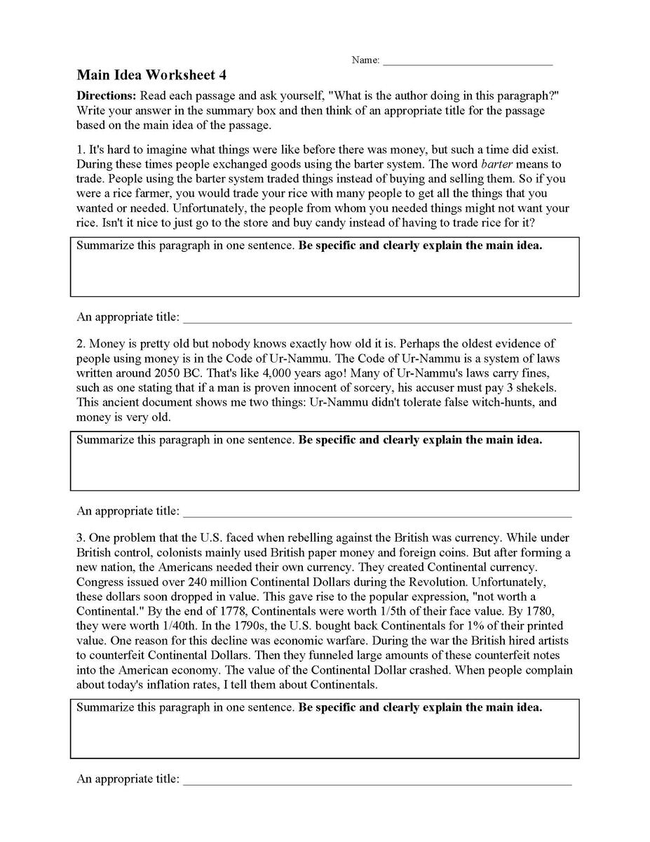 Main Idea Worksheet 4 Reading Activity