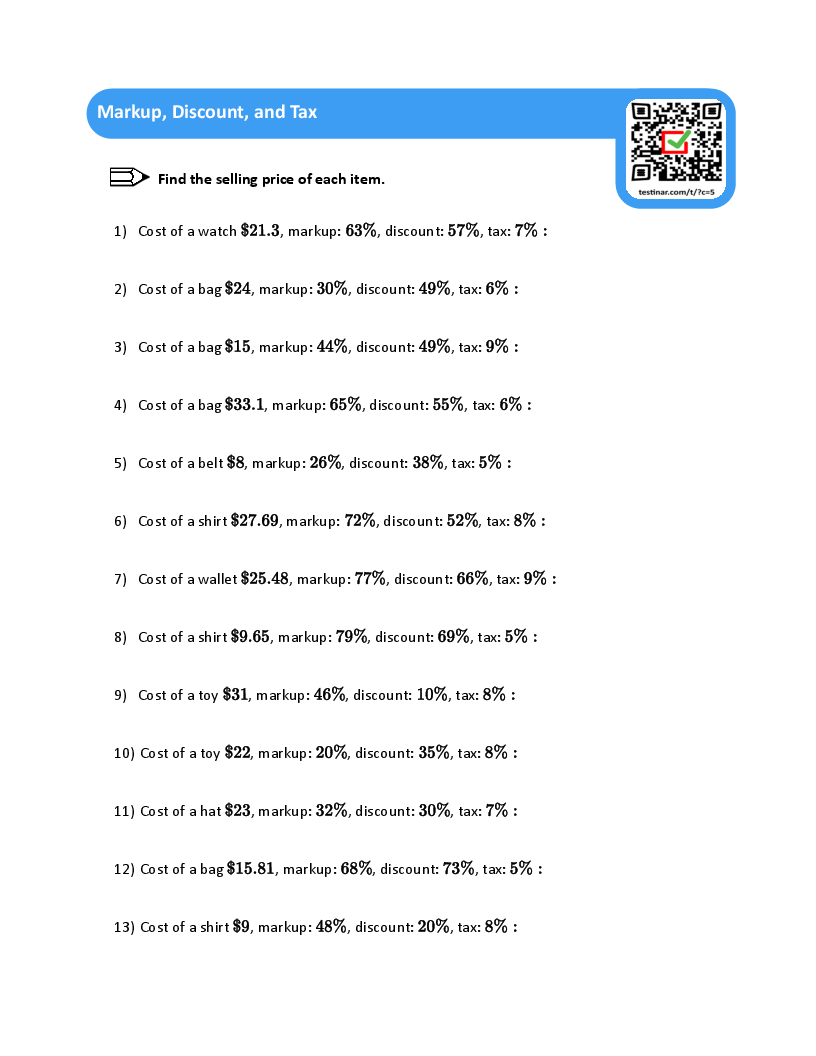 Markup Discount And Tax Worksheets Quiz Worksheet Calculating Markup Markdown Study