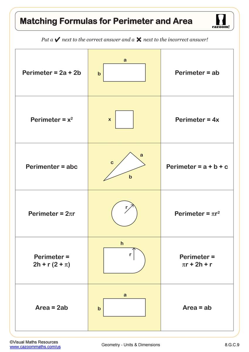 Matching Formulas For Perimeter And Area Worksheet PDF Printable Geometry Worksheet Cazoom Math