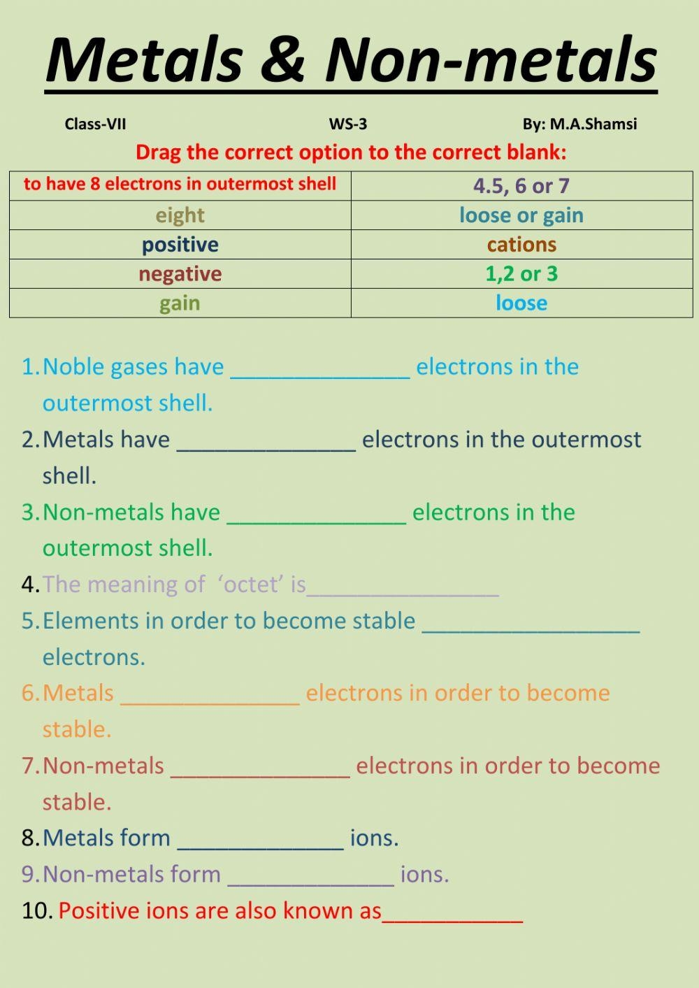 Metals And Non Metals Interactive Worksheet Worksheets Library