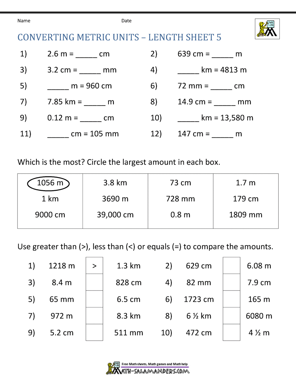 Metric Conversion Worksheet Metric Conversion Worksheet