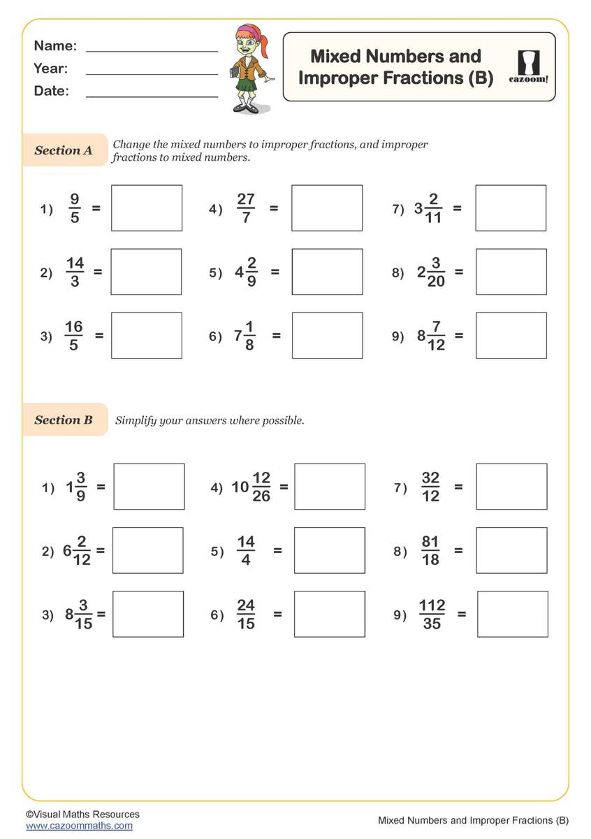 Mixed Numbers And Improper Fractions B Worksheet PDF Printable Number Worksheets Mixed Numbers And Improper Fractions B Worksheet PDF Printable Number Worksheets