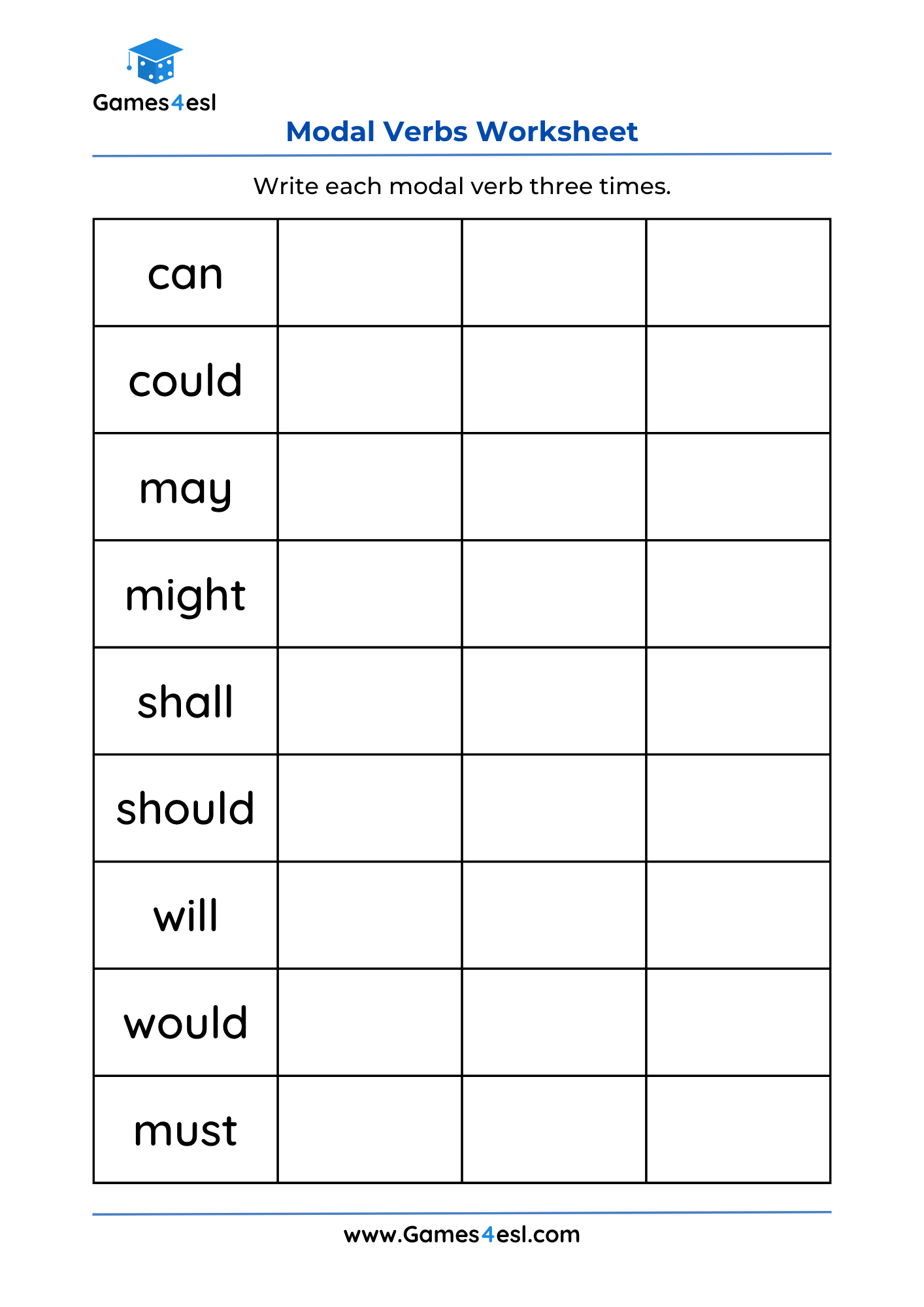 Modal Verbs Worksheets Free Printable PDF Woksheets Games4esl