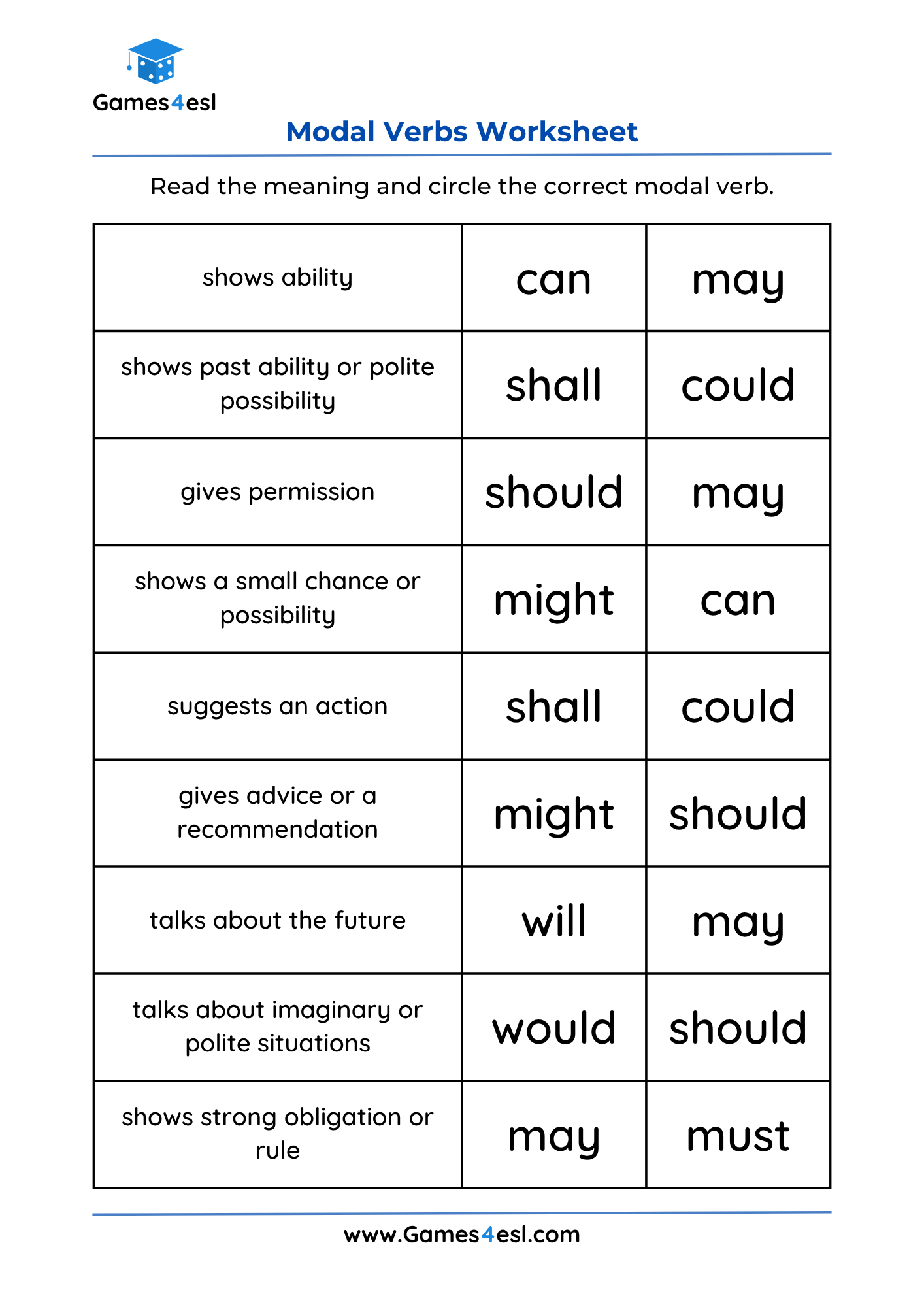 Modal Verbs Worksheets Free Printable PDF Woksheets Games4esl