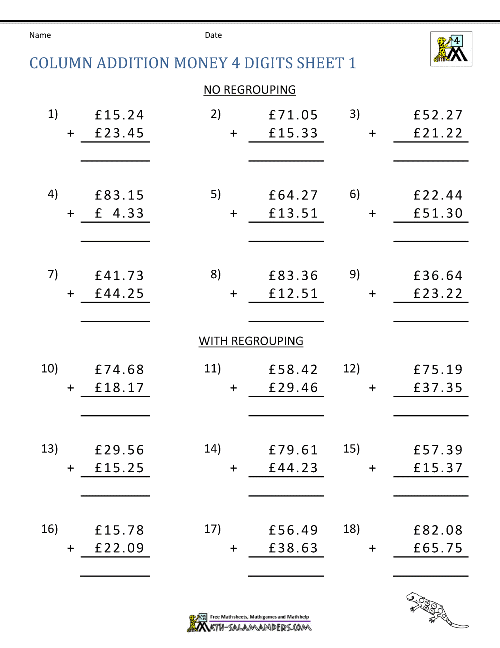 Money Addition Worksheets UK Money Adding Whole Hundreds And Whole Thousands