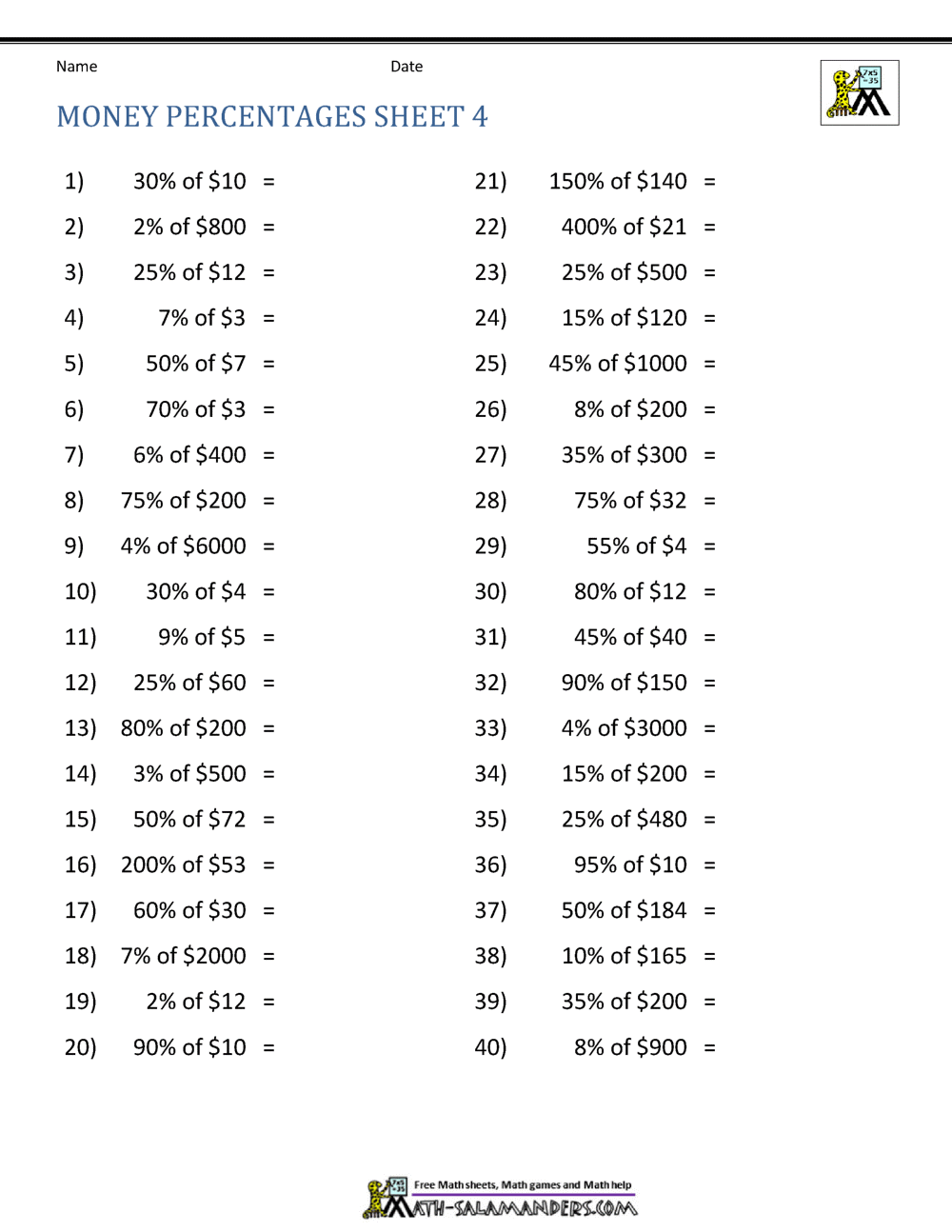 Money Percentage Worksheets Money Percentage Worksheets