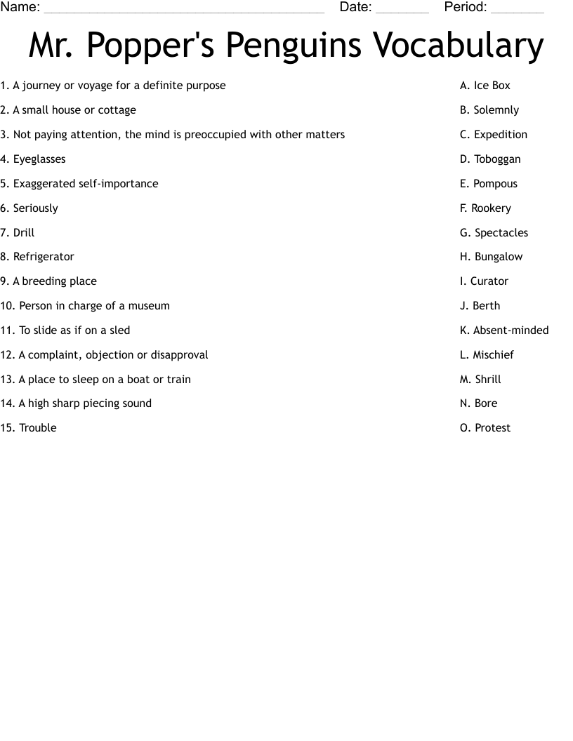 Mr Popper S Penguins Vocabulary Worksheet WordMint
