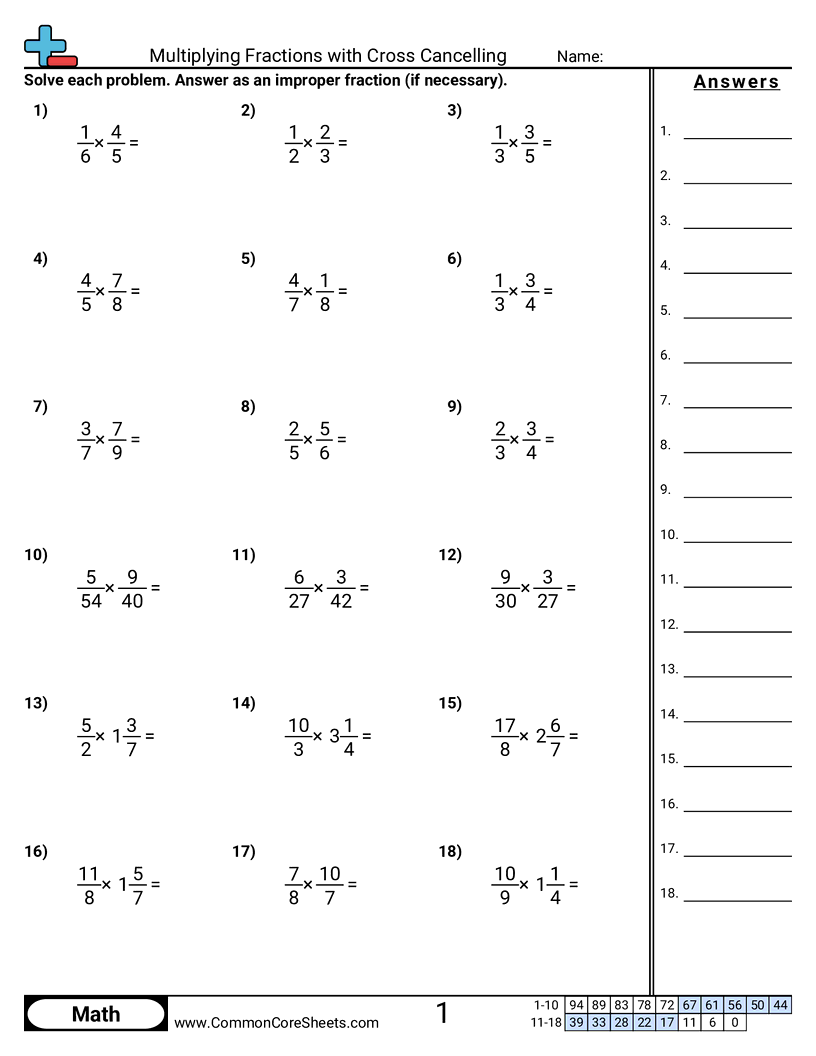 Multiplying Fractions With Cross Cancelling Worksheet Download