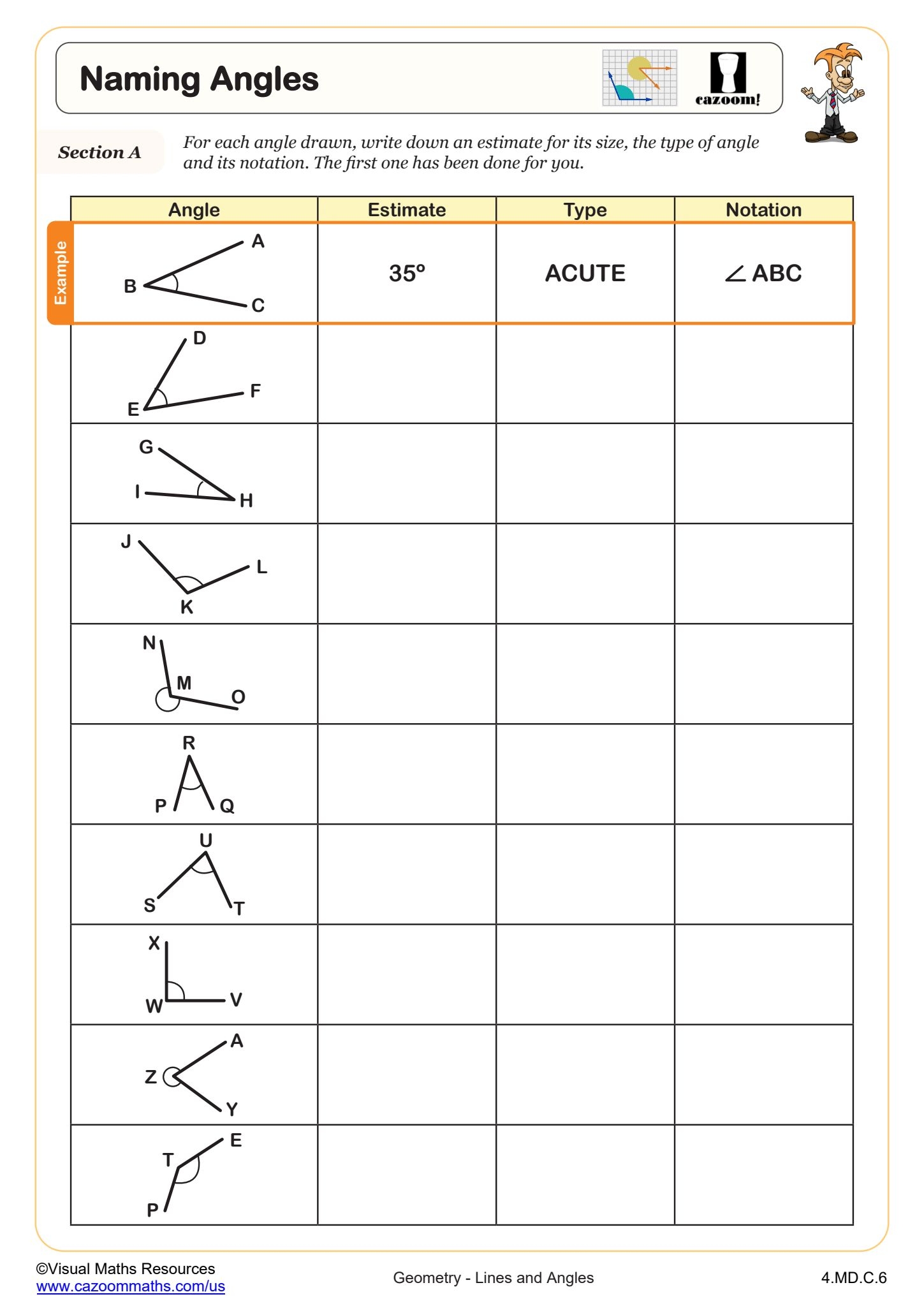 Naming Angles Worksheet PDF Printable Geometry Worksheet Cazoom Math Calculating Angles B With Clues Worksheet PDF Printable Geometry Worksheet Cazoom Math