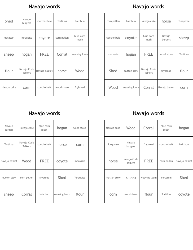 Navajo Words Bingo Cards WordMint Navajo Words Bingo Cards WordMint