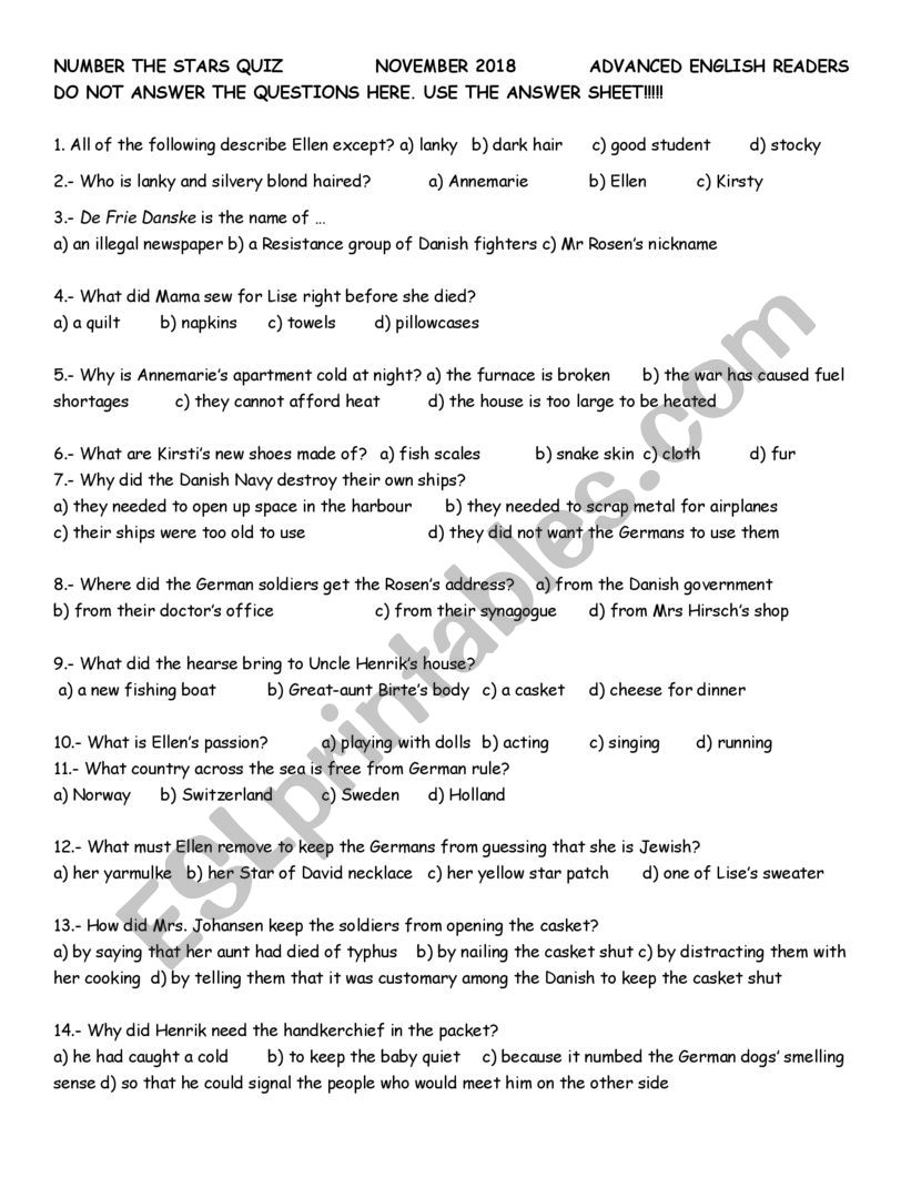 Number The Stars Lesson Plan Only Worksheets Library