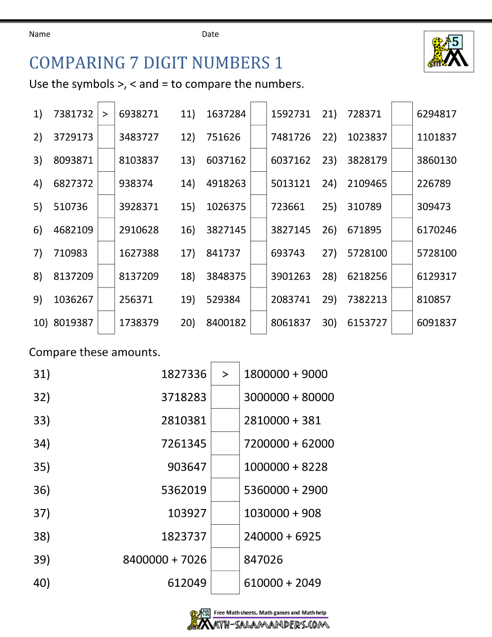 Ordering Large Numbers 5th Grade 1st Grade Comparing And Ordering Worksheets