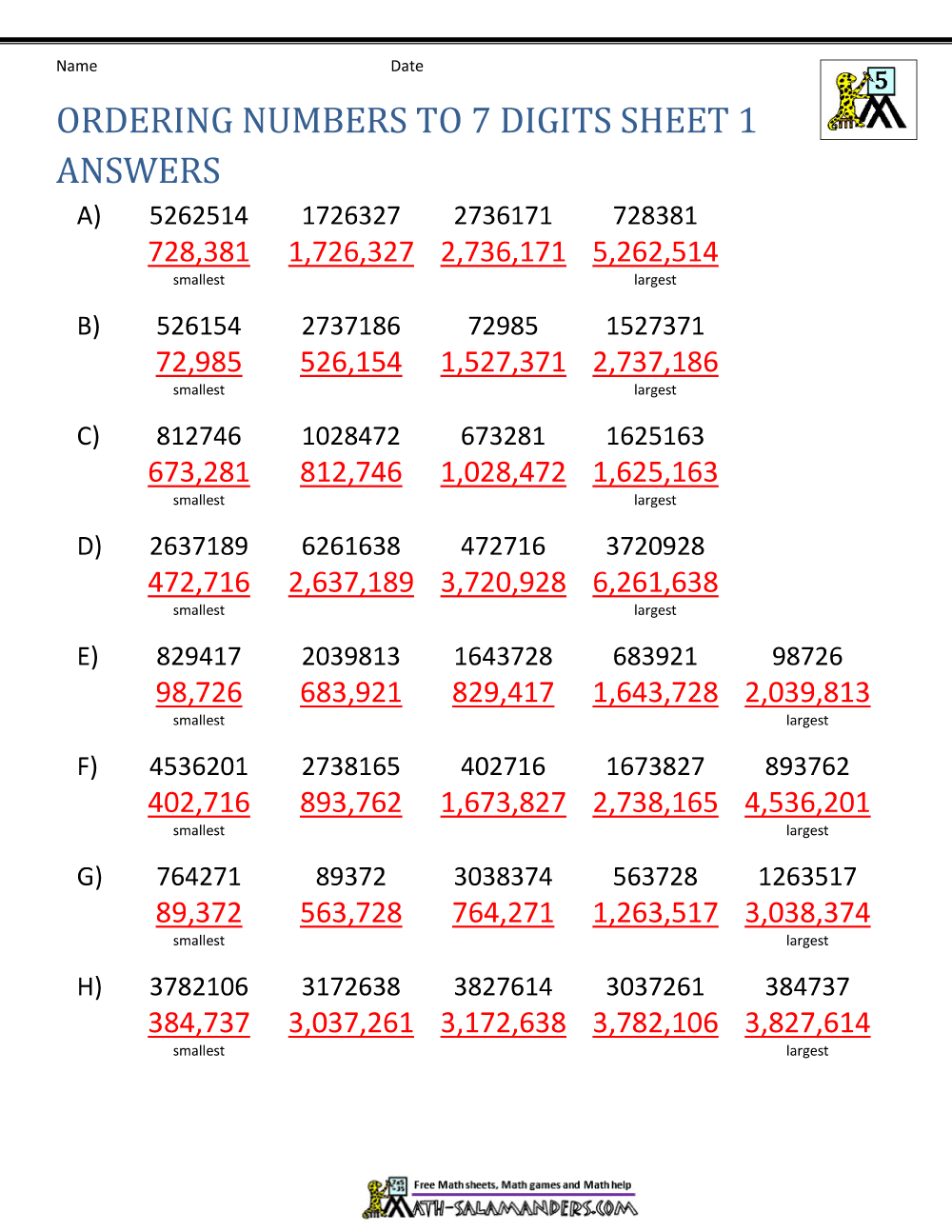Ordering Large Numbers 5th Grade Ordering Large Numbers 5th Grade