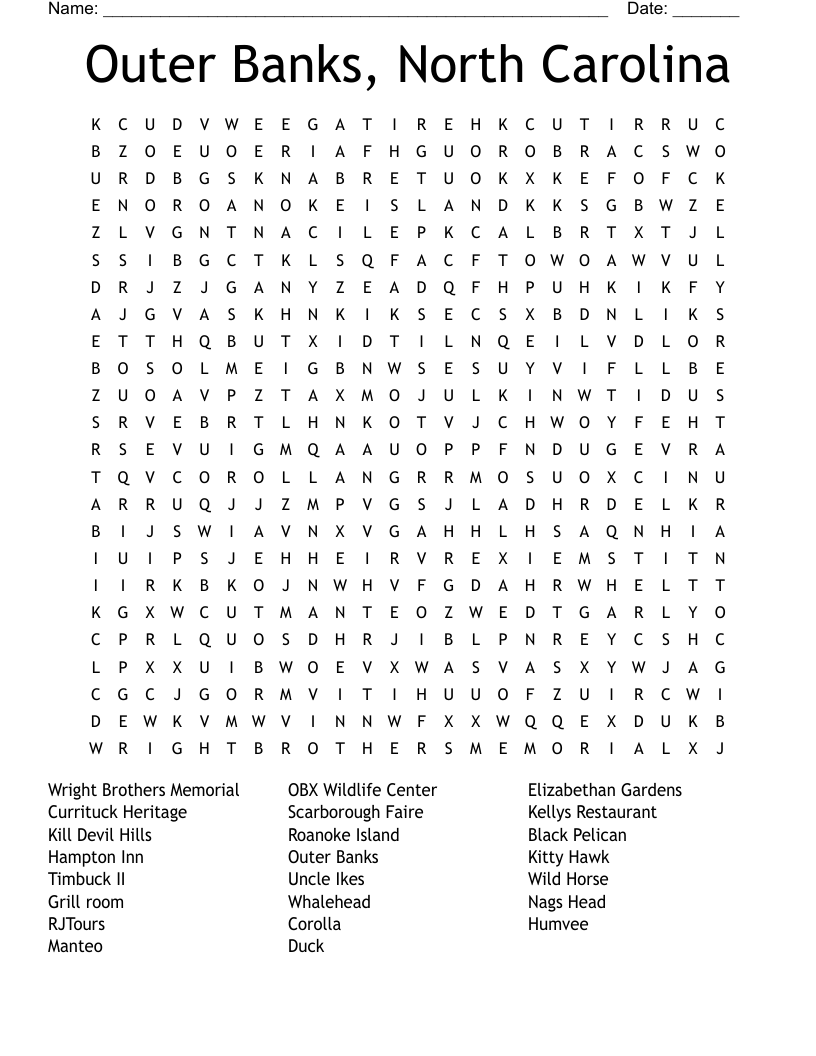 Outer Banks North Carolina Word Search WordMint