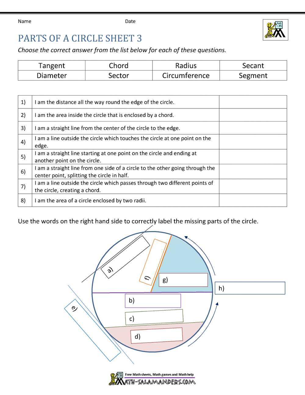 Parts Of A Circle Worksheet Printable 6th Grade Circles Worksheets Download