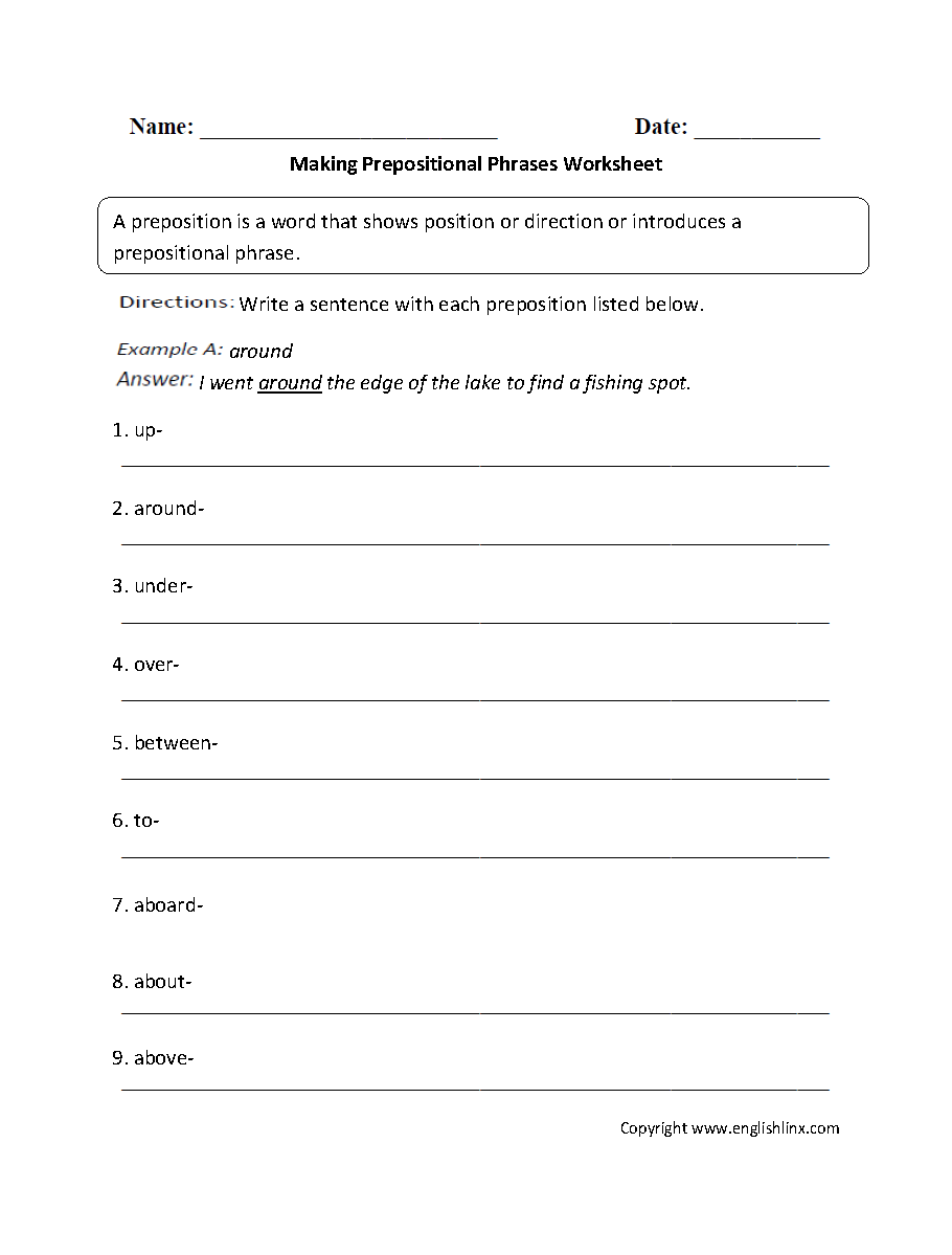Parts Of A Sentence Worksheets Prepositional Phrase Worksheets