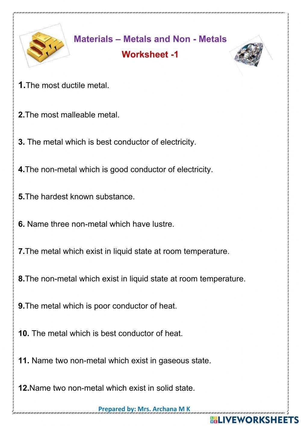 Physical Properties Of Metals And Non Metals Worksheet Live Worksheets Library