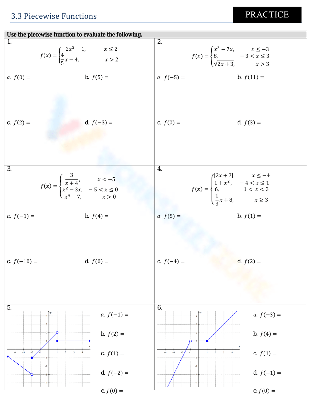 Solved Math 2 Name Piecewise Functions Worksheet 2 Part I Worksheets Library