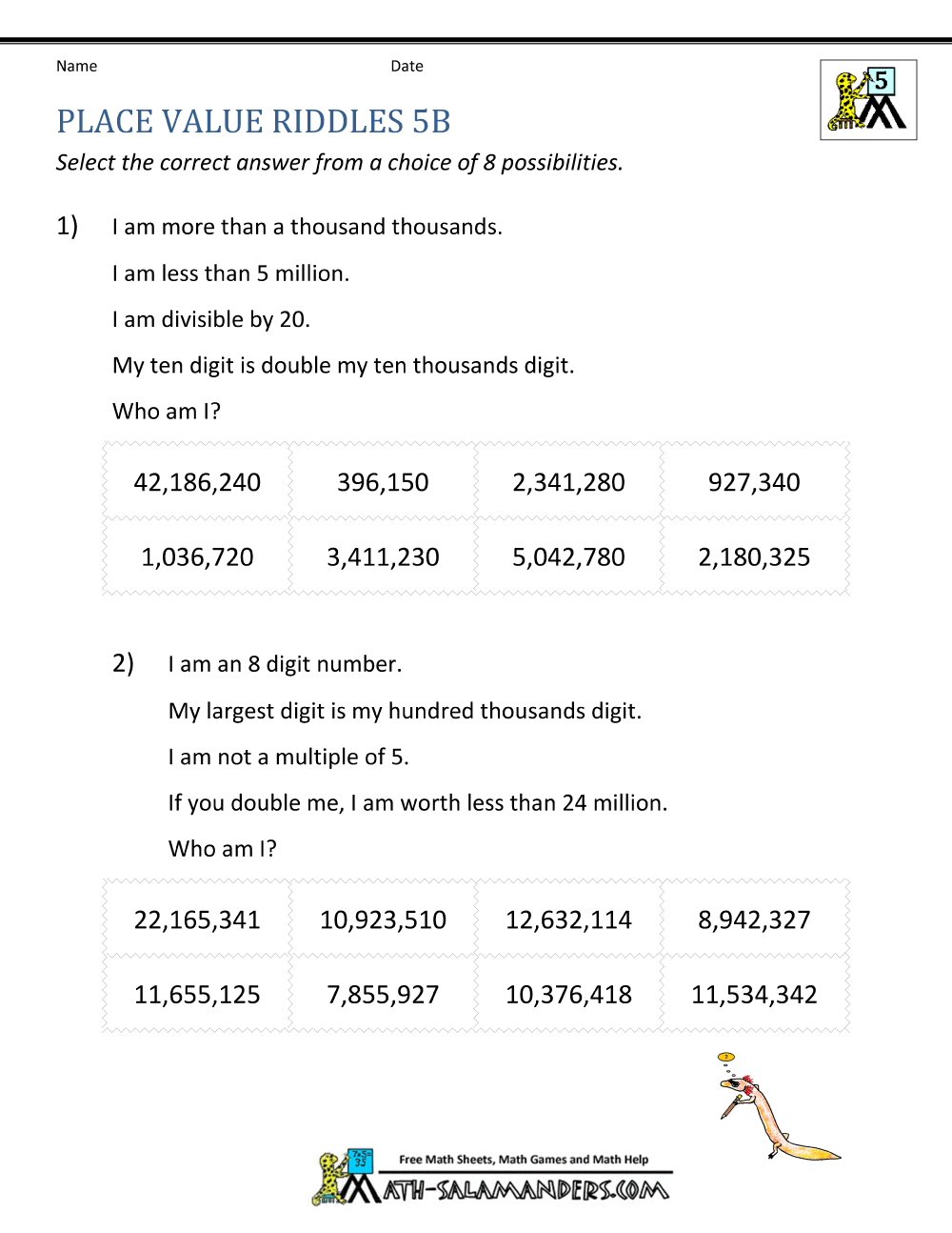 Place Value Worksheet Up To 10 Million Place Value Worksheet Up To 10 Million