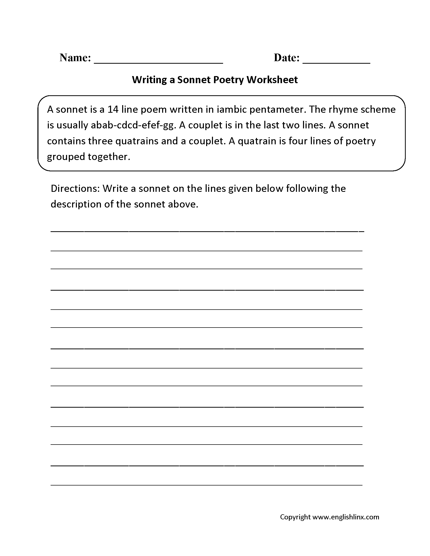 Shakespeare Sonnet Activity Write Your Own Sonnet Printable Etsy