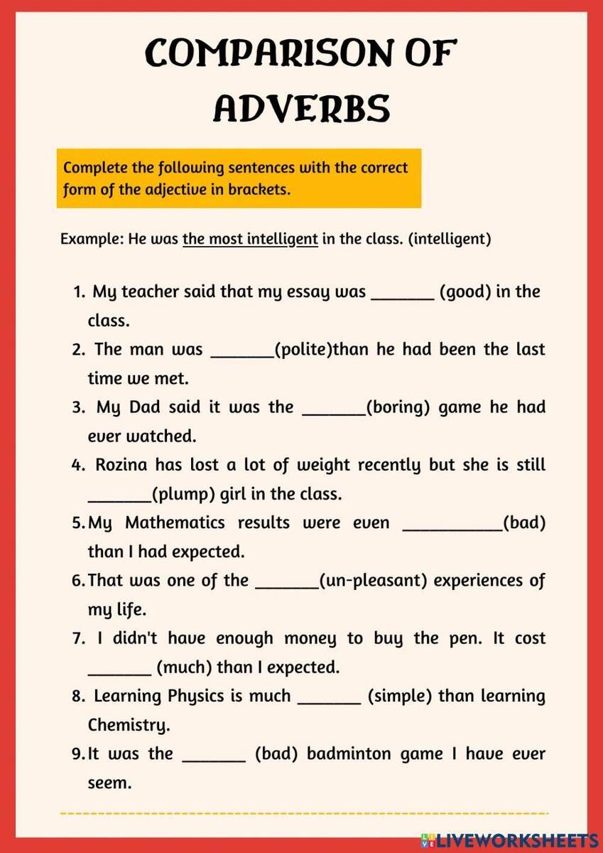 Comparison Of Adverbs Online Worksheet Worksheets Library