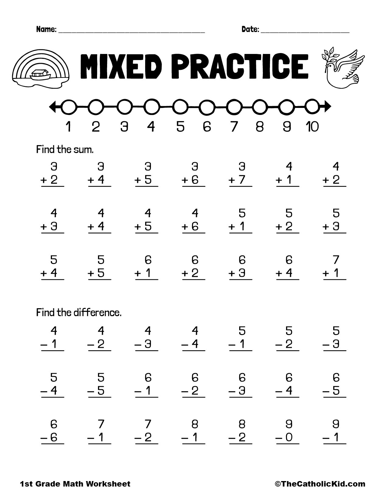 Practice Addition Subtraction 1st Grade Math Worksheet Catholic TheCatholicKid Printable Addition And Subtraction Worksheets