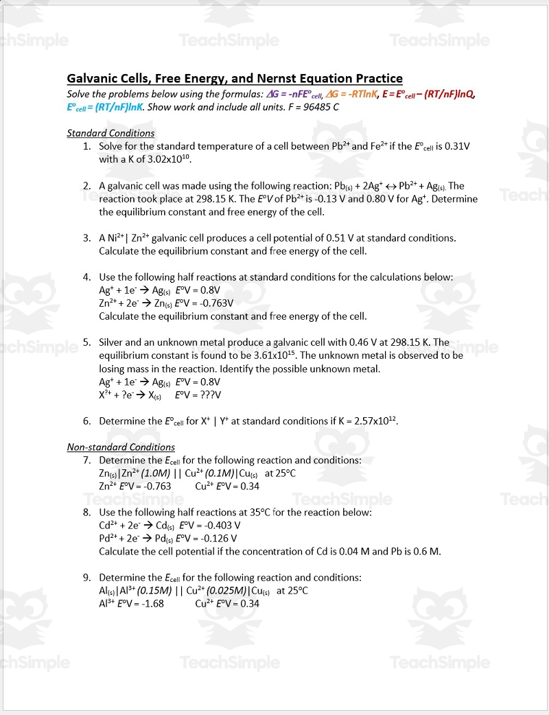 Practice Galvanic Cells Free Energy And Nernst Equation By Teach Simple