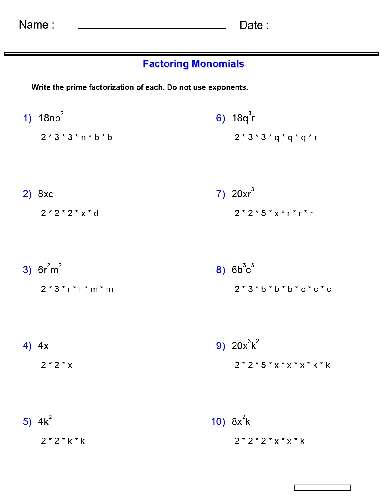 Pre Algebra Monomials And Polynomials Worksheets Factoring Monomials Worksheet Made By Teachers Pre Algebra Monomials And Polynomials Worksheets Factoring Monomials Worksheet Made By Teachers